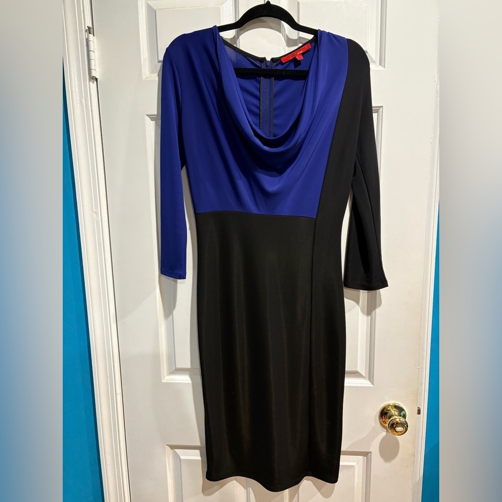 Narciso Rodriguez for Design Nation blue  black color block sheath dress cowl S